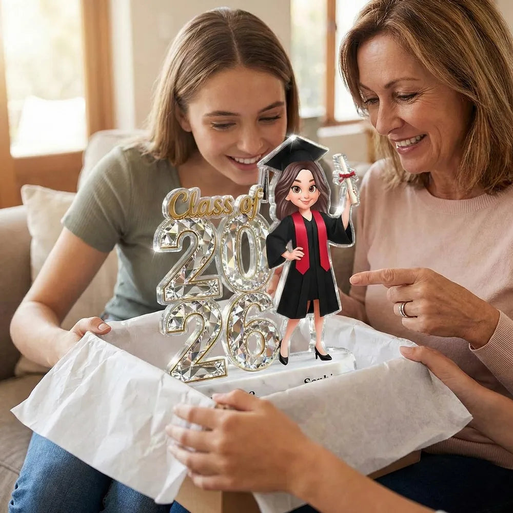 Shaped Acrylic Block Plaque Graduation Decor, Cute Cartoon Grad Holding Diploma, Personalized Keepsake Gift for Her