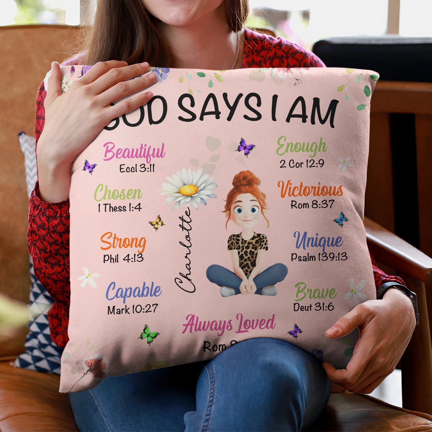 Personalized Square Pillow with Cute Cartoon Girl & Bible Affirmations, Unique Christian Gift for Girls, Cozy Room Decor Accent