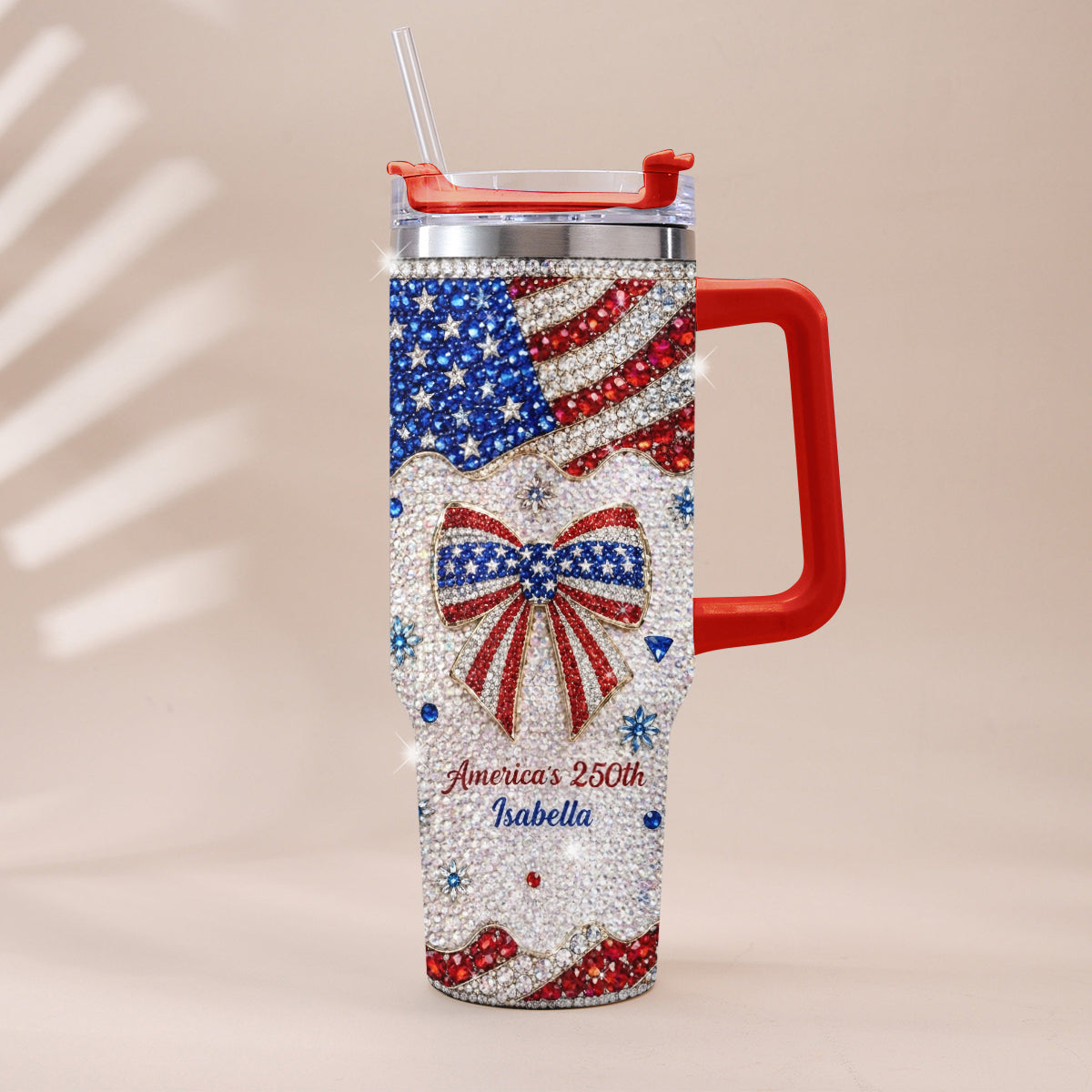 America's 250th Bow - Personalized Independence Day/ 4th of July Rhinestone Tumbler With Plush Charm
