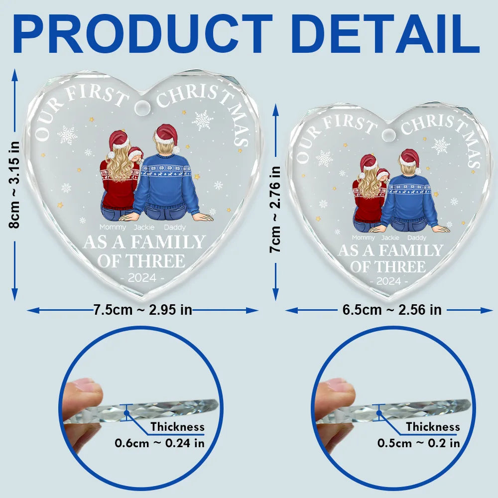 Crystal Heart Ornament for Christmas tree, cozy couple illustration with little one, keepsake, gift-ready for new parents and families