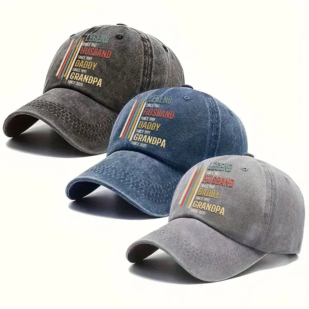 Washed Denim Baseball Cap with Personalized Vintage Legend Message, Everyday Casual Hat for Husband or Grandpa, Thoughtful Gift