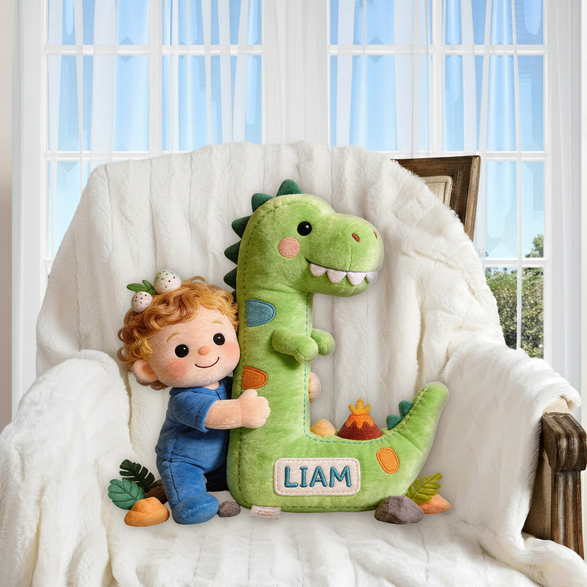 Dinosaur Alphabet Letter & Custom Photo - Personalized Kid Premium Faux Fur Pillow