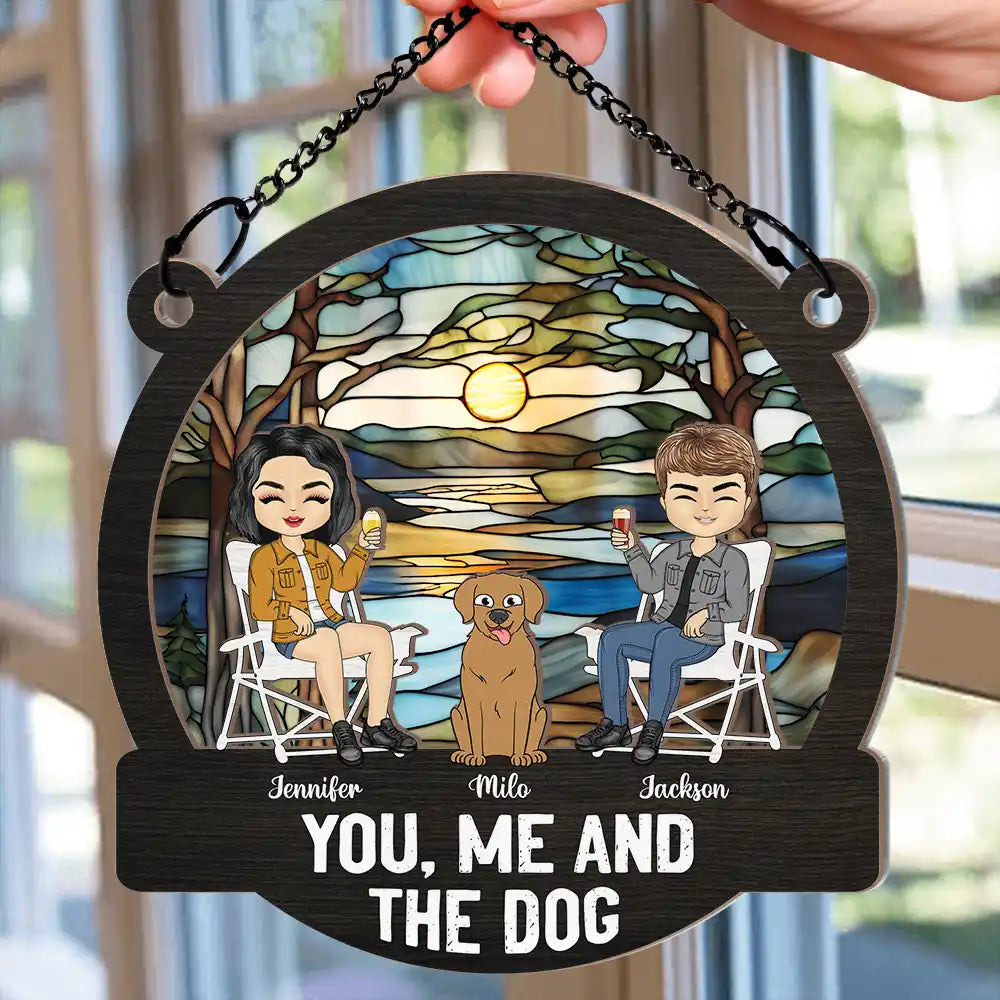 You, Me & the Dog Enjoying a Forest Sunset - Custom Wood & Acrylic Ornament, Perfect for Dog Lovers’ Birthdays or Holiday or valentine's day Gifts