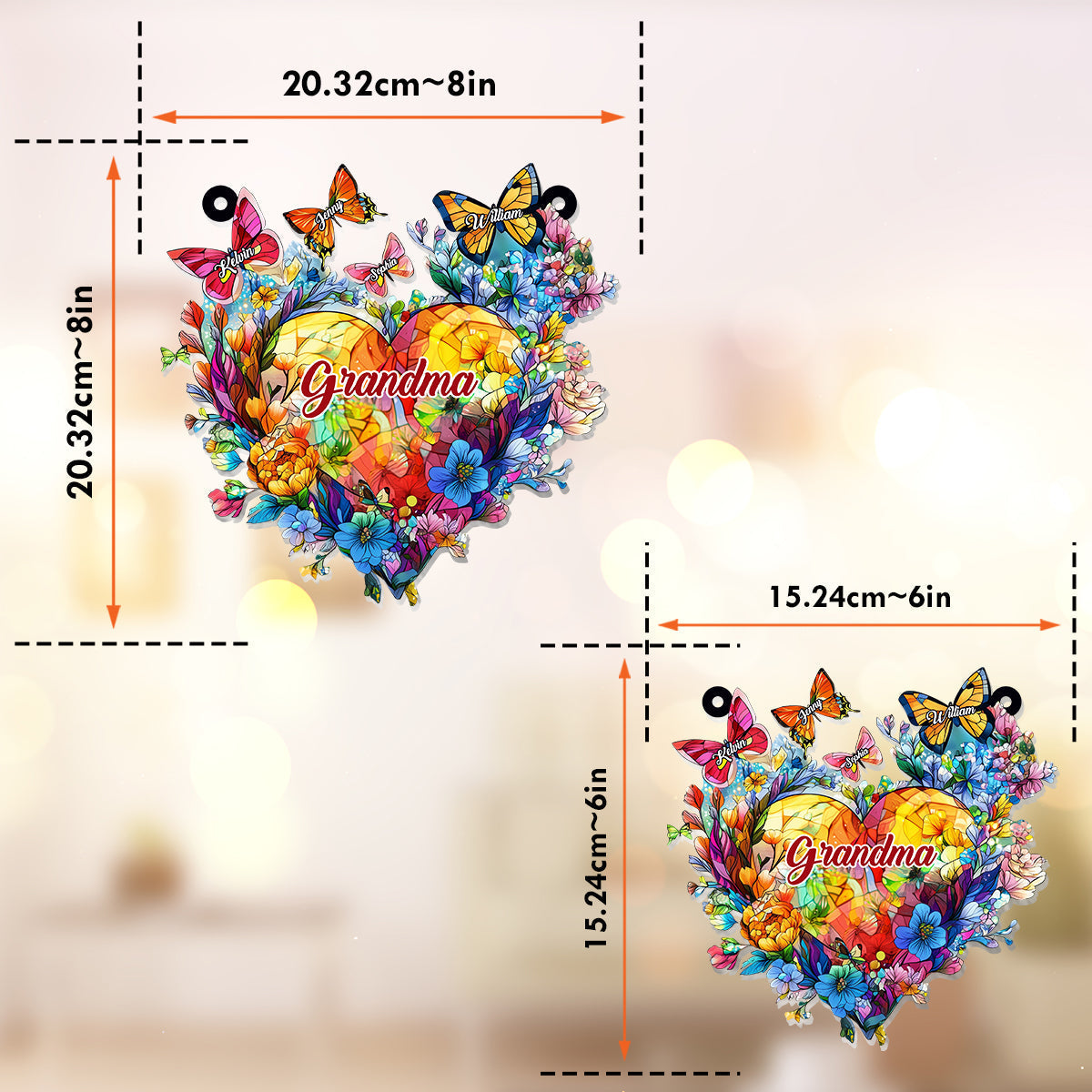 Grandma Mom Flower Heart And Butterflies - Personalized Grandma Window Hanging Suncatcher Ornament