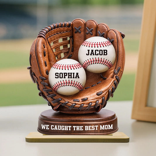 We Caught The Best Mom Personalized 2-Layer Wooden Plaque, Baseball Glove Keepsake for Living Room Display Gift