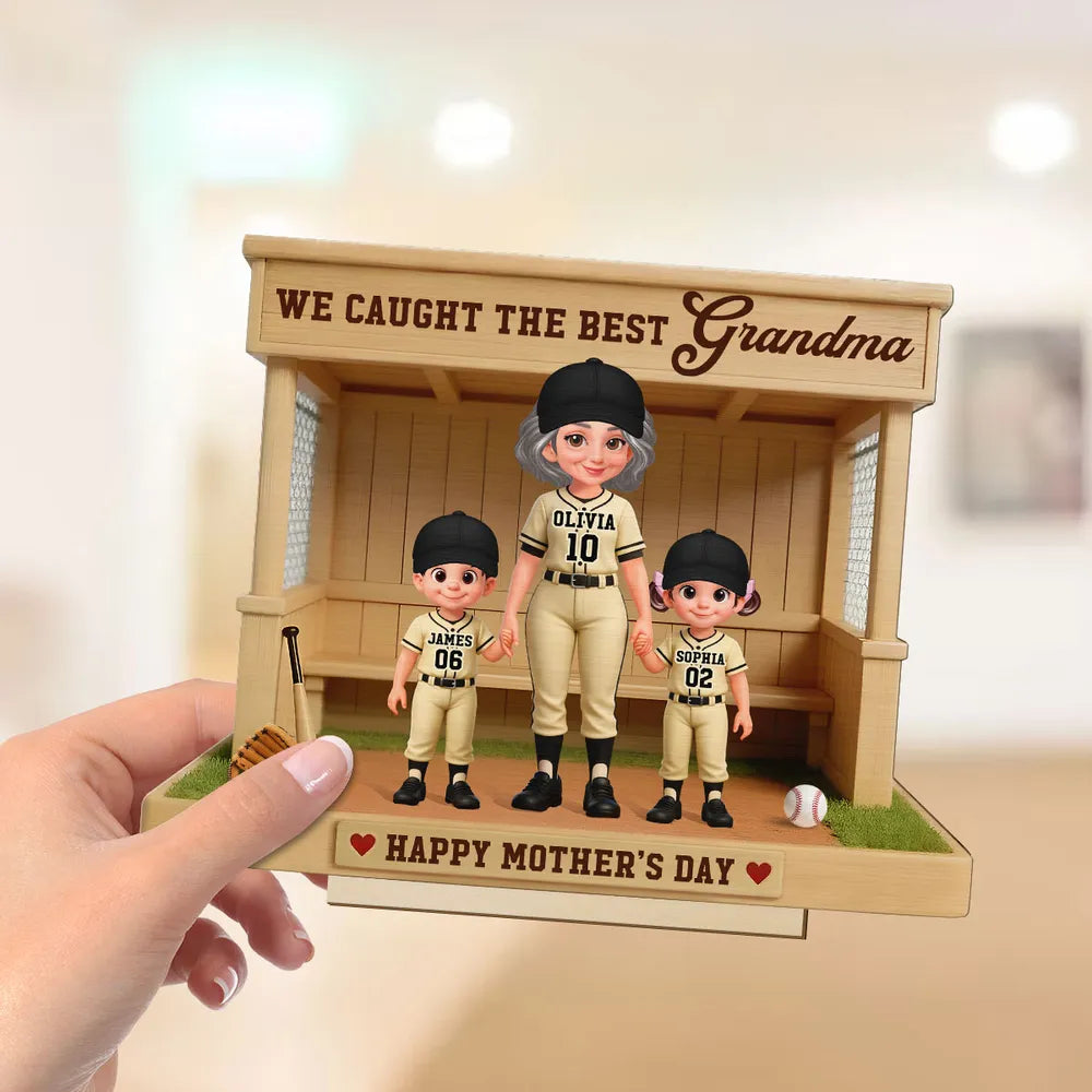 Personalized 2-Layer Wooden Plaque with Baseball Grandma and Grandkids in a Dugout - Unique Mother's Day Gift