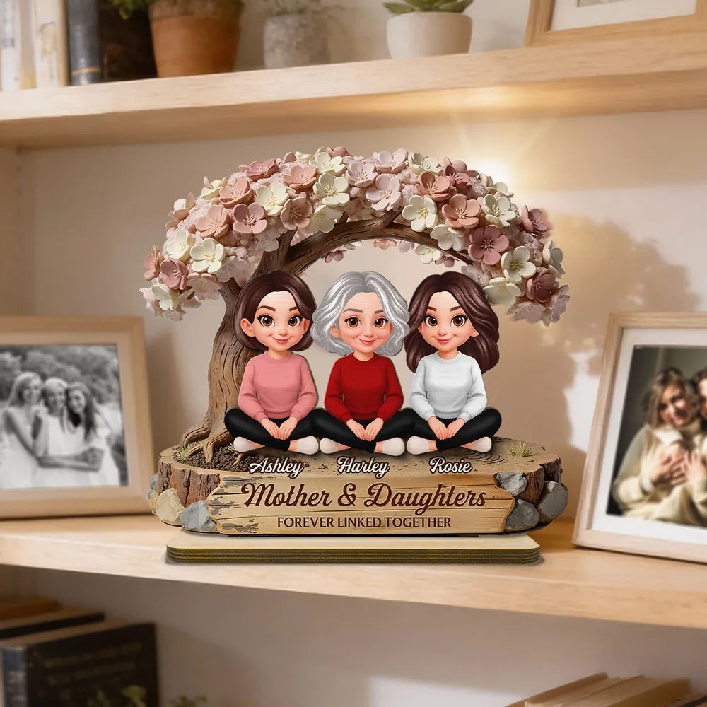 Mother & Daughters Forever Linked Together 2-Layer Wooden Plaque, Personalized Family Keepsake Gift for Mom