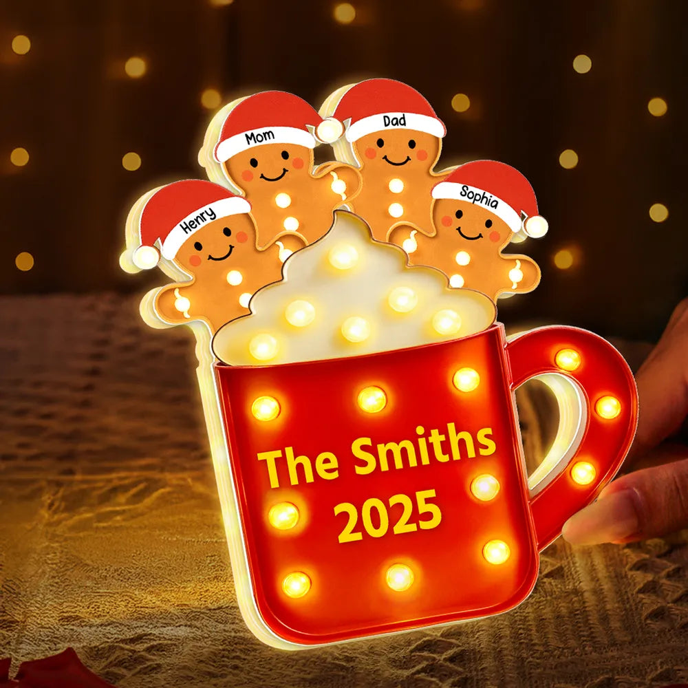 Acrylic Light Box Gingerbread Mug with Santa Hats, Cozy Christmas Glow, Custom Design, Unique Family Gift