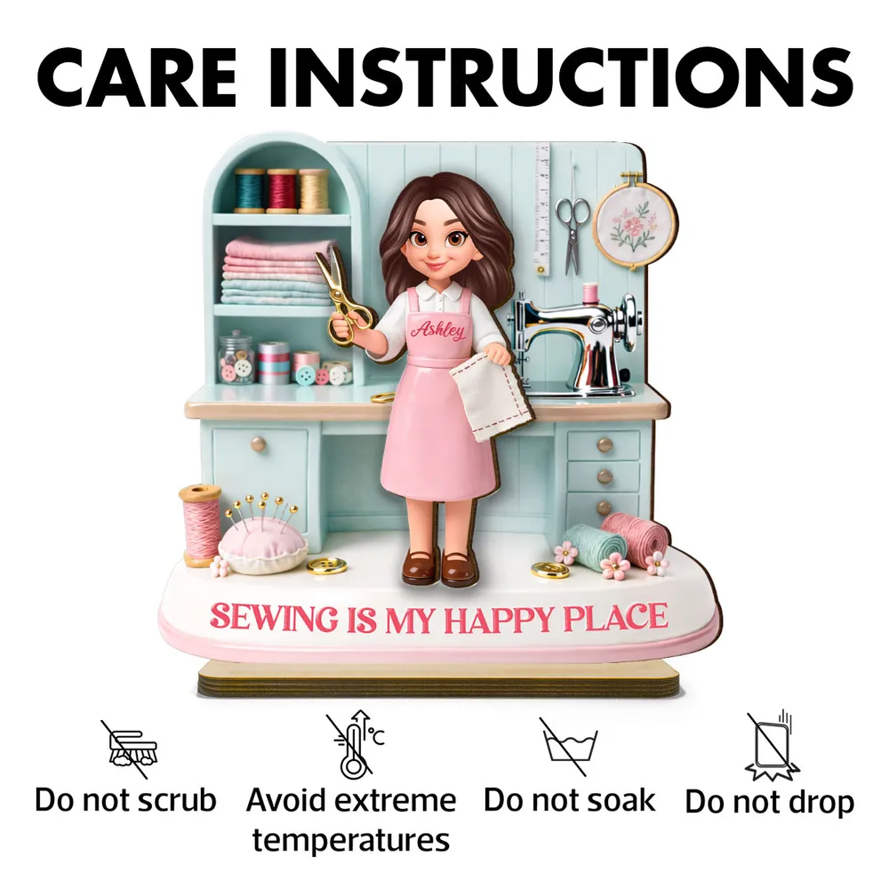 Personalized 2-Layer Wooden Plaque Sewing Is My Happy Place Cute Cartoon Sewing Room Scene, Unique Gift for Mom or Grandma