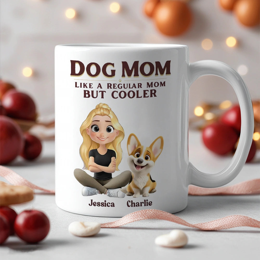 Personalized Dog Mom White Ceramic Mug with Cute Cartoon Portrait, Fun Everyday Coffee Cup, Unique Gift for Cool Pet Moms