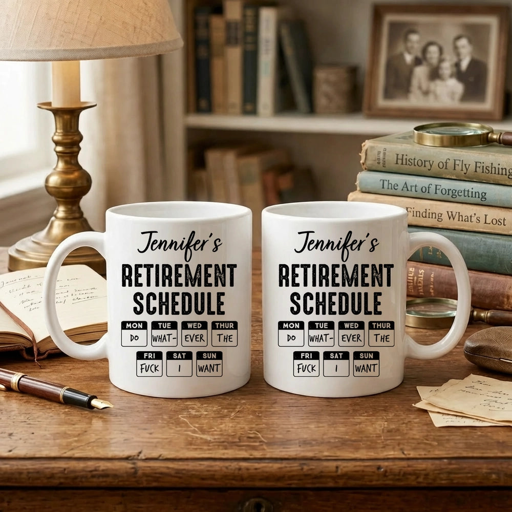 Custom Name Retirement Schedule Ceramic Mug, Bold Funny Desk Coffee Cup Gift, A Perfect Send-Off for a Favorite Coworker