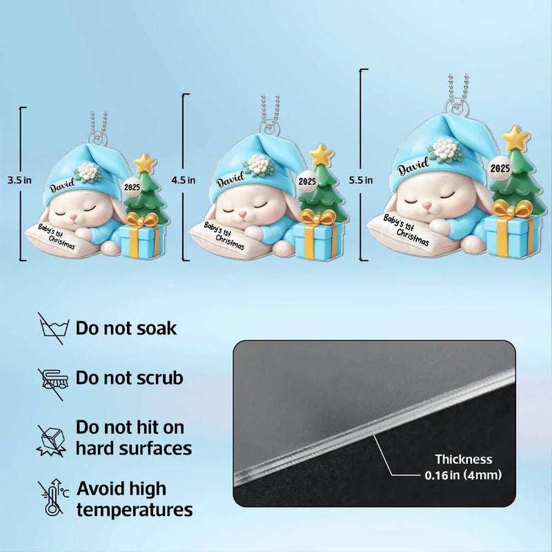 Acrylic Ornament for Baby’s First Christmas – sleeping bunny with tree and gift, pastel blue, gift-ready keepsake for new parents