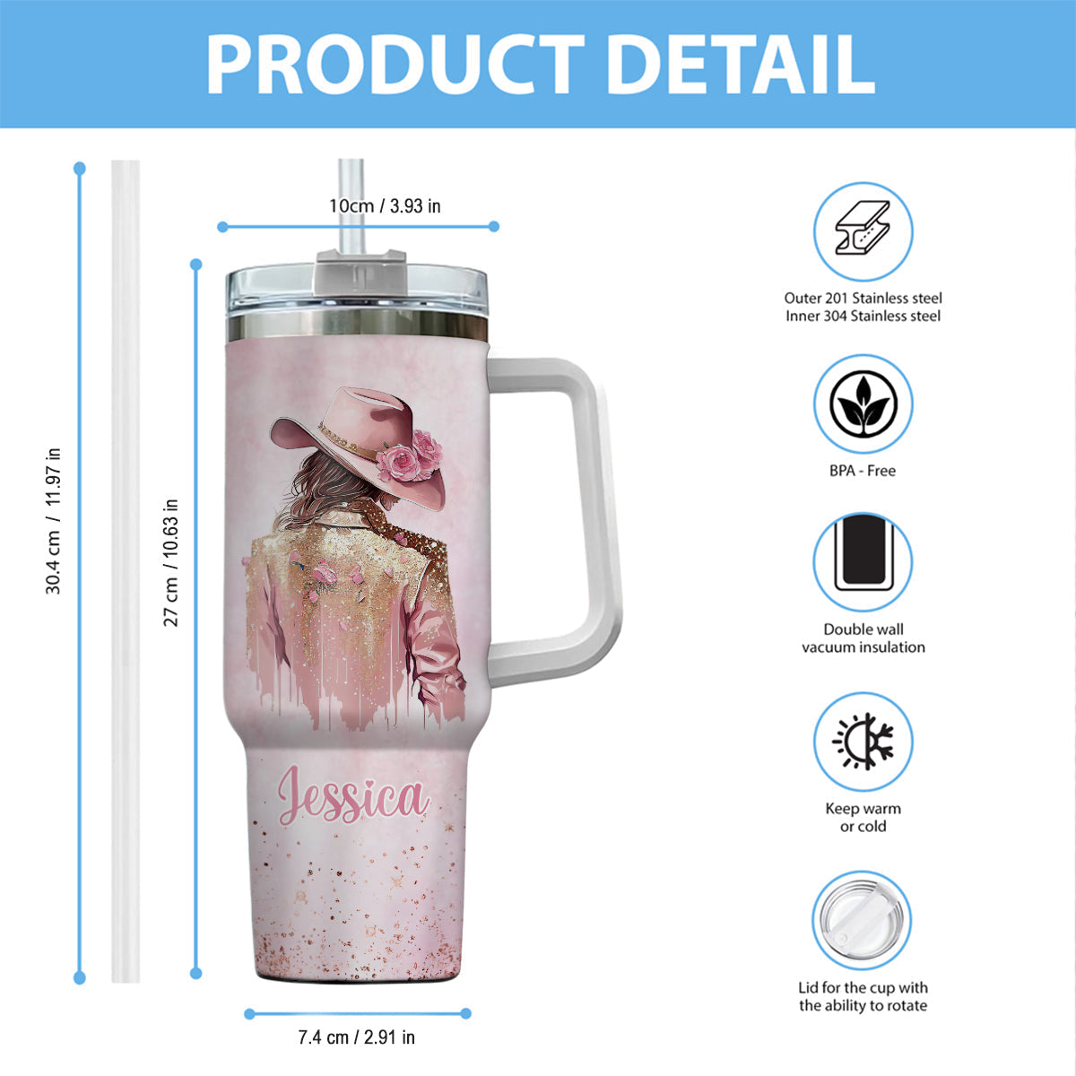 Cowgirl Spirit - Personalized Cowgirl Tumbler With Handle