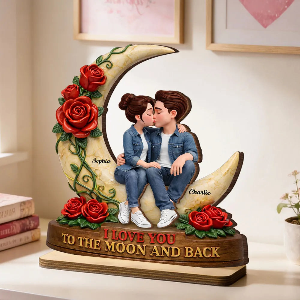 Personalized 2-Layer Wooden Plaque Kissing Couple on Crescent Moon Romantic Unique Gift for Wife or Girlfriend