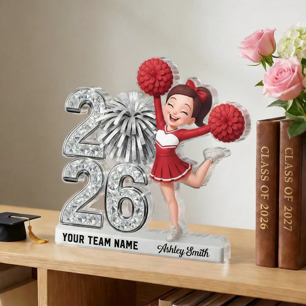 Shaped Acrylic Block Plaque With Cheerleader and Pom Poms Desk Decor, A Sweet Personalized Keepsake Gift