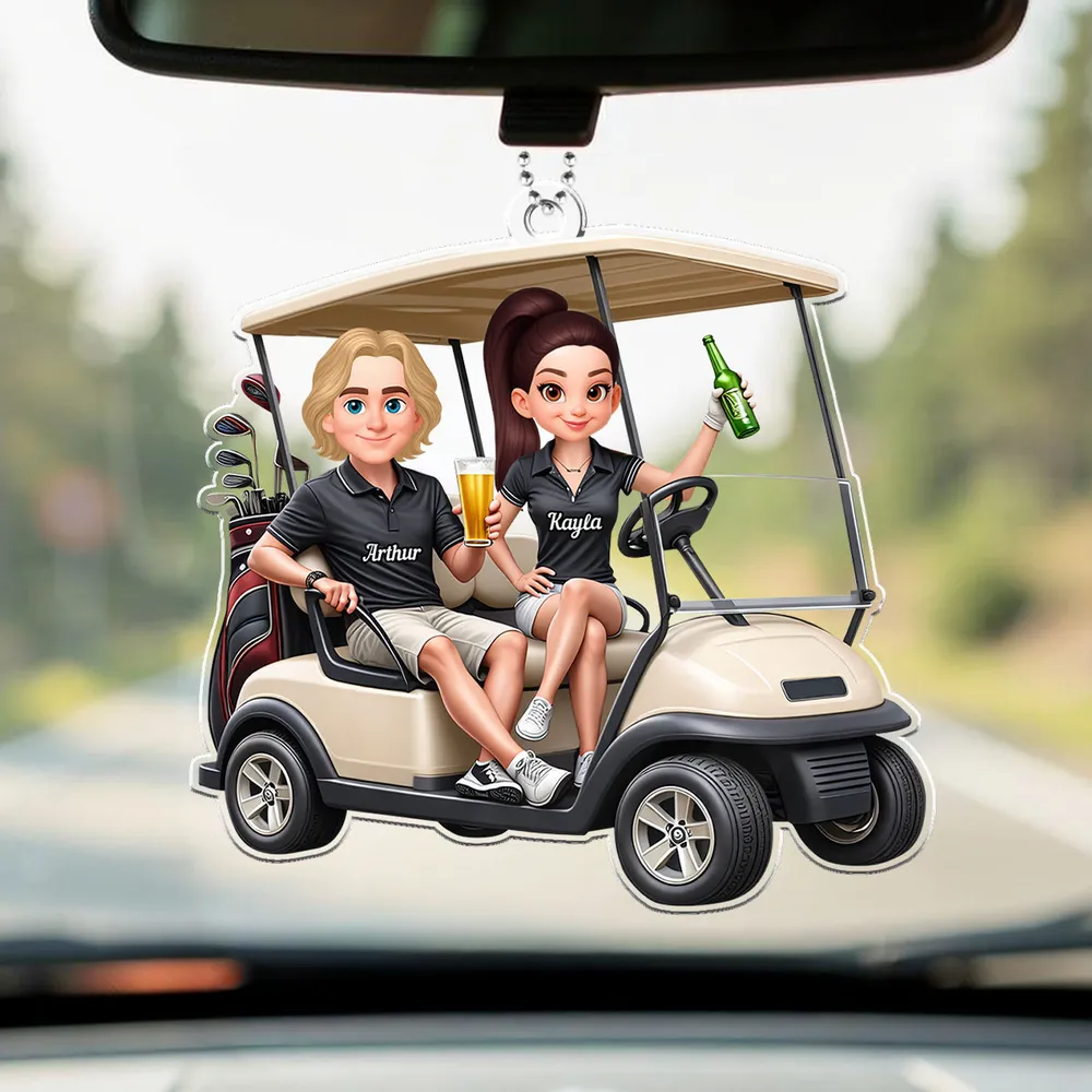 Personalized Acrylic Car Hanger Funny Golf Cart Couple Mirror Decor - Unique Gift for Couples