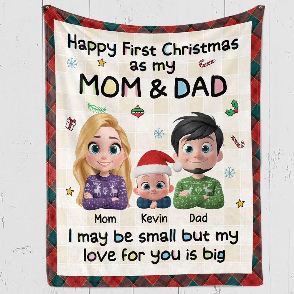 Personalized First Christmas Mom & Dad Fleece Blanket, Cute Cartoon Family, Cozy Keepsake, Unique New Baby Gift