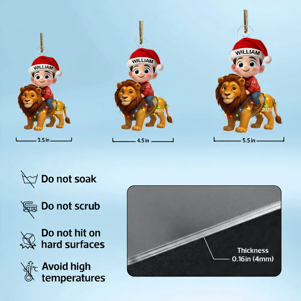 Christmas Acrylic Ornament with Cute Child Riding Lion, Festive Illustration, Perfect Gift for Kids