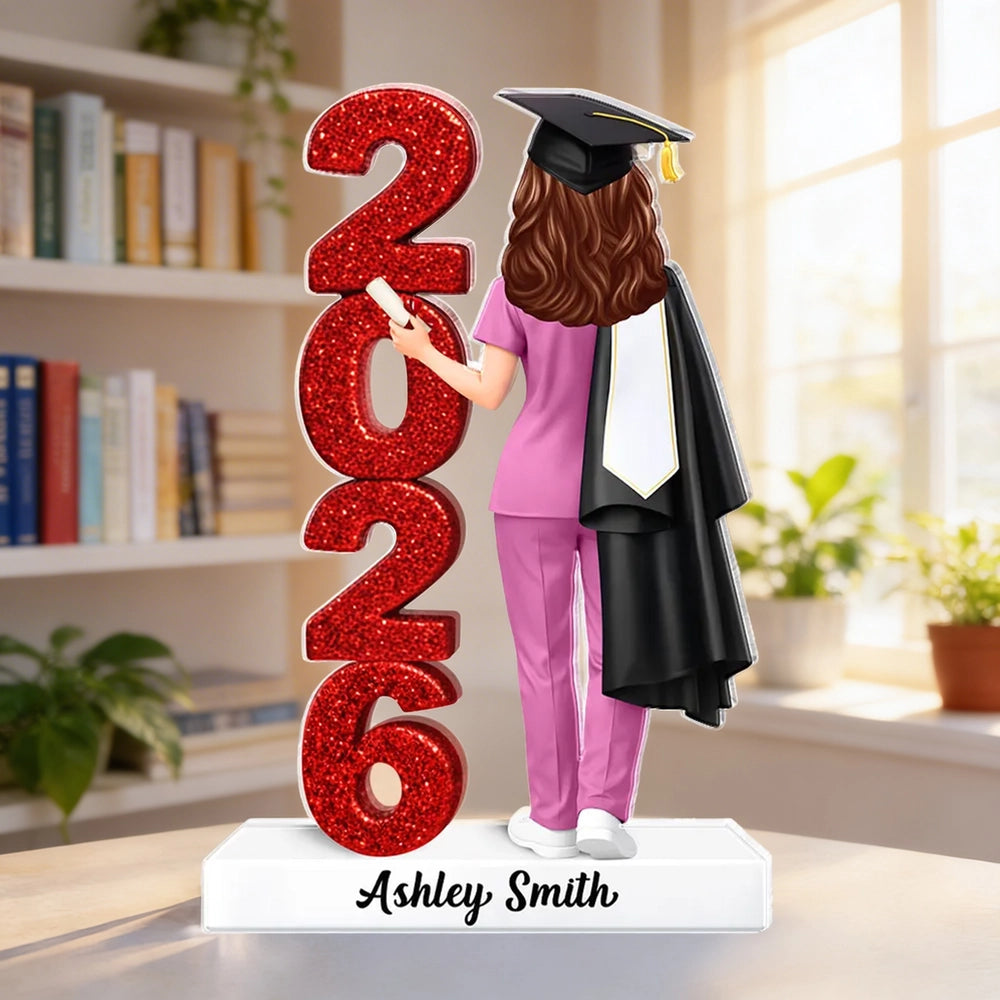 Personalized Shaped Acrylic Block Plaque Class Graduation Keepsake, Nurse Grad in Cap Holding Diploma, Unique Gift