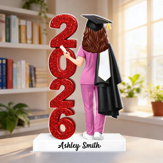 Personalized Shaped Acrylic Block Plaque Class Graduation Keepsake, Nurse Grad in Cap Holding Diploma, Unique Gift