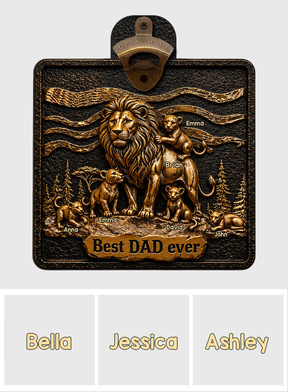 Lion Dad And Kids - Personalized Father Wall Bottle Opener
