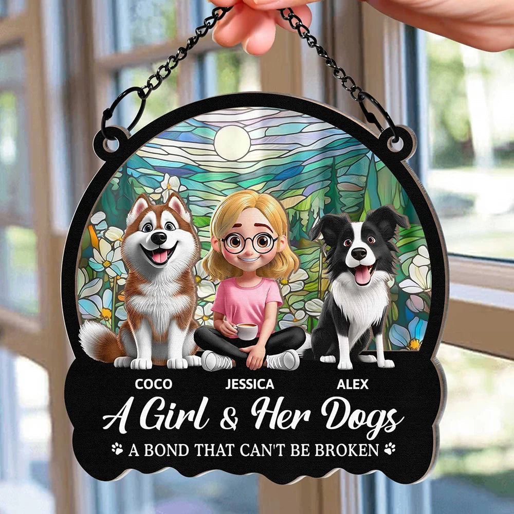 Personalized Wood and Acrylic Layered Ornament – ‘A Girl & Her Dogs’ Design, Vibrant Rainbow and Floral Background, Perfect Gift for Dog Lovers