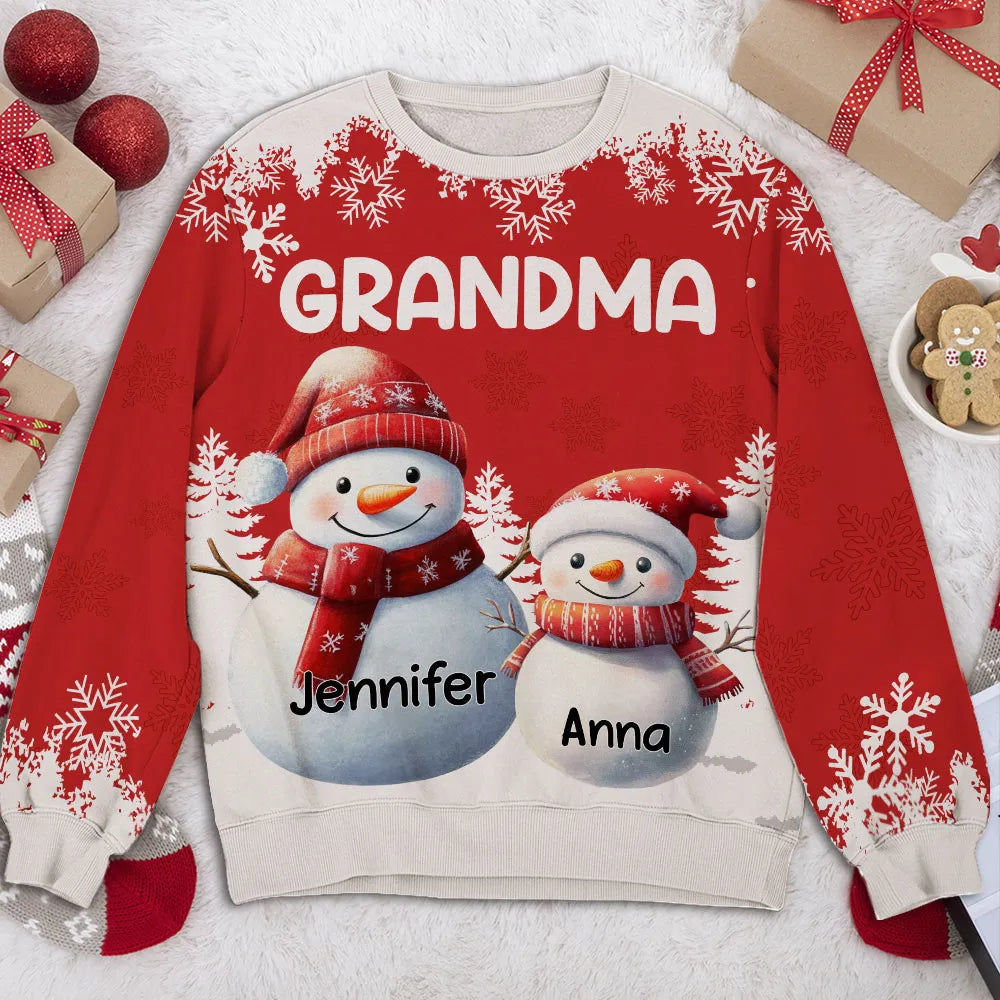 Snowman Family Sweatshirt, Personalized All-Over Print for Grandma, Festive Red, Snowy Forest vibe, a unique Christmas gift