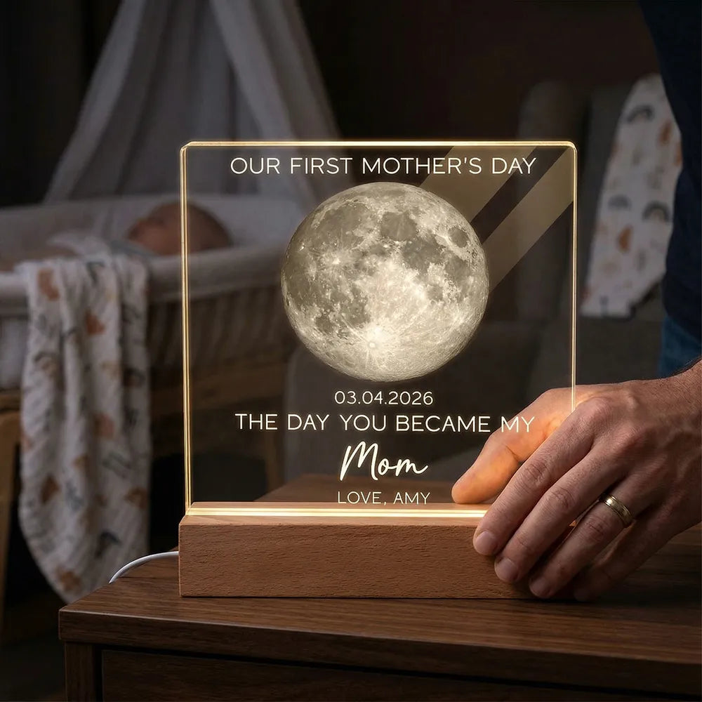 Personalized Moon Phase Block LED Light Plaque for First Mother's Day - Unique Gift for a New Mom, Warm Cozy Night Light