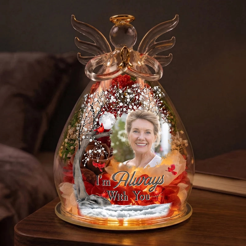 Personalized LED Floral Angel Figurine With Photo, 'I'm Always With You' Keepsake, Unique Memorial Gift