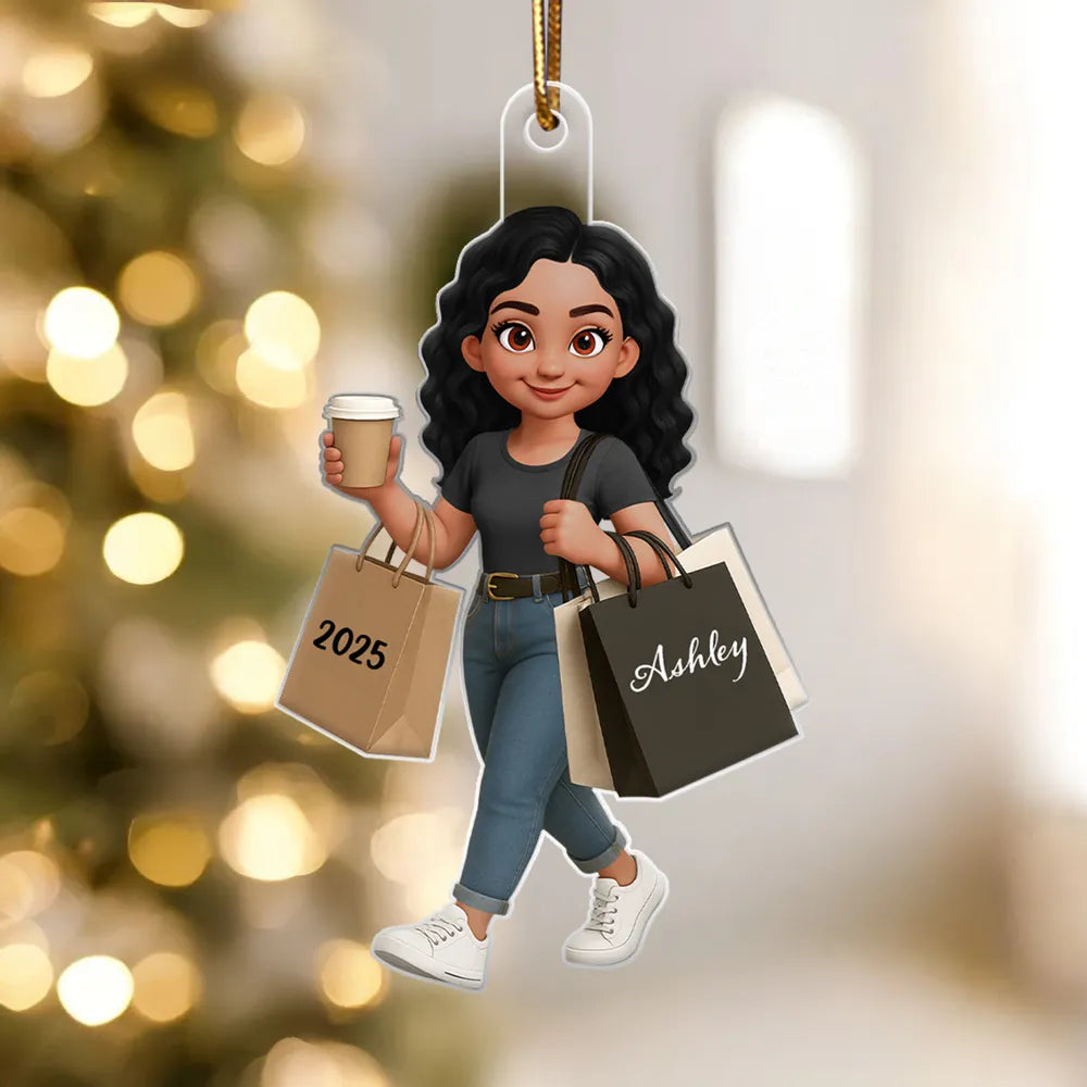 Ornament - Personalized Cute Shopper with Coffee, Cartoon, Easy to Hang, Unique Gift for Best Friend or Daughter