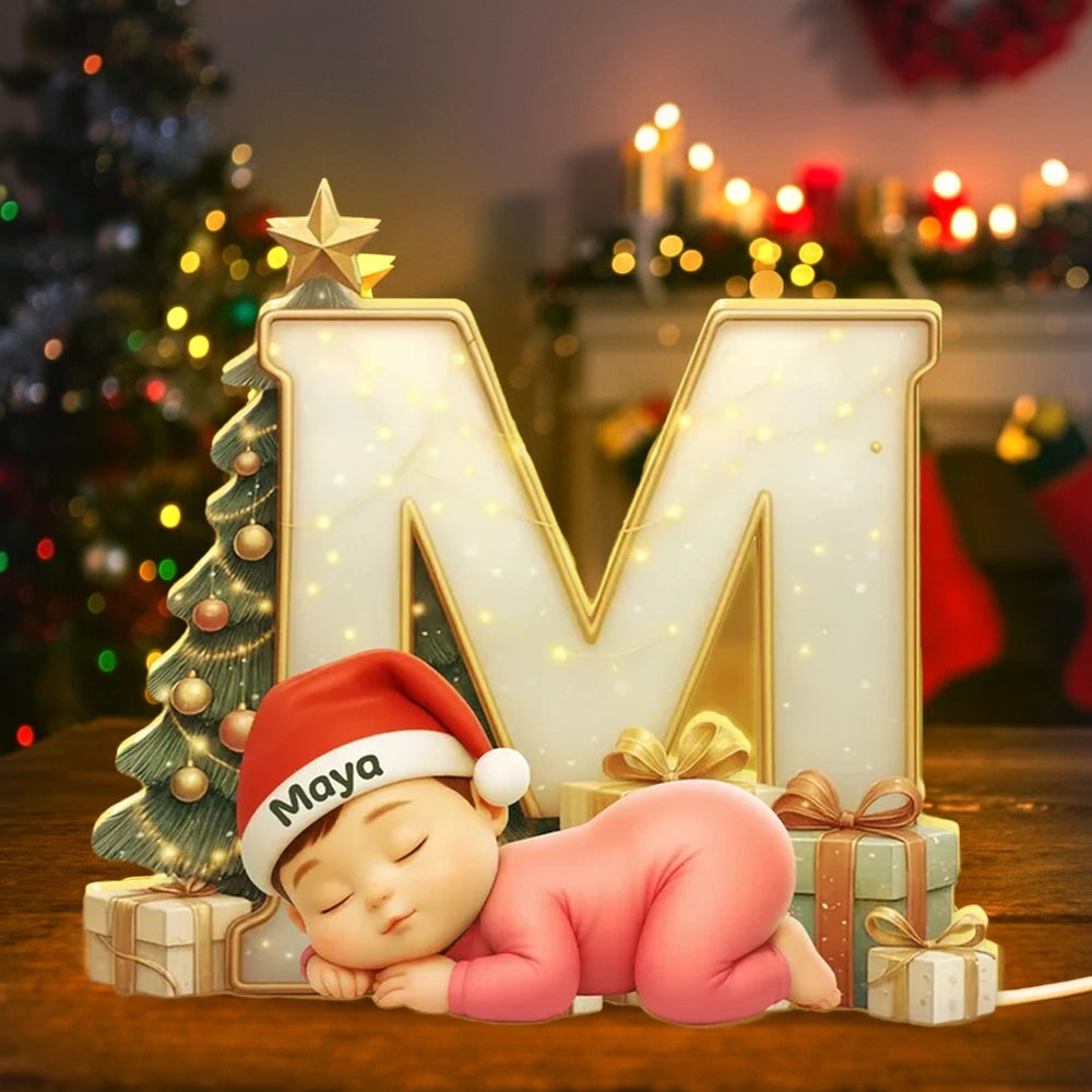 Acrylic Ornament with Sleeping Baby & Initial Letter, Christmas Tree Scene, heartwarming decor, a unique gift for New Parents