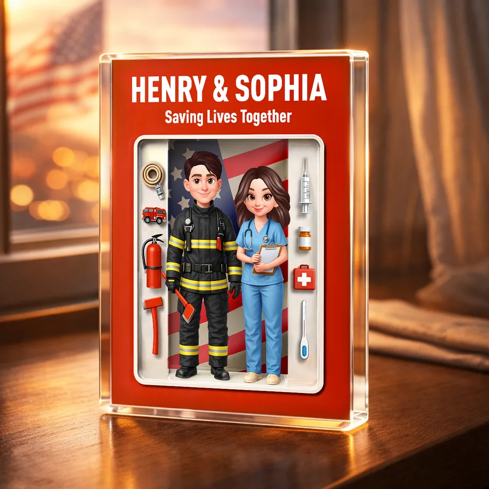Personalized Rectangle Acrylic Block Plaque for a Firefighter & Nurse Couple - Unique Desk Decor Gift