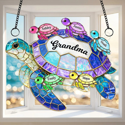 Personalized Sea Turtle Grandma Acrylic Suncatcher Ornament, Colorful Sunlight Reflection Window Decor, Unique Gift for Grandma