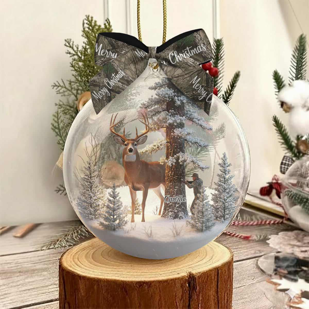 Christmas Gift For Hunters - Personalized Hunting Snow Globe Ornament With Bow
