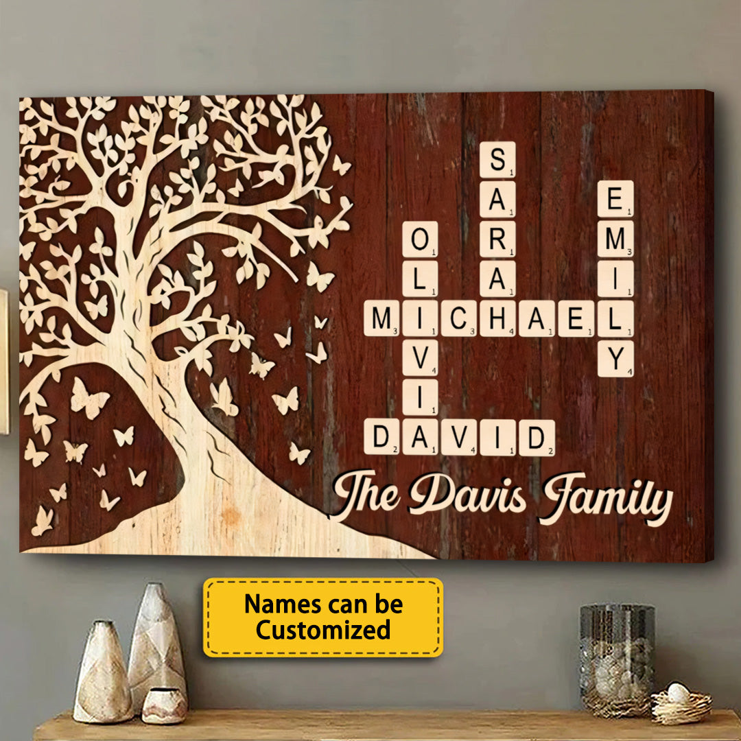 Family Crossword Poster - Custom Tree Wall Art, Warm Wood Look, A Unique Gift for Mom, Dad & Grandparents