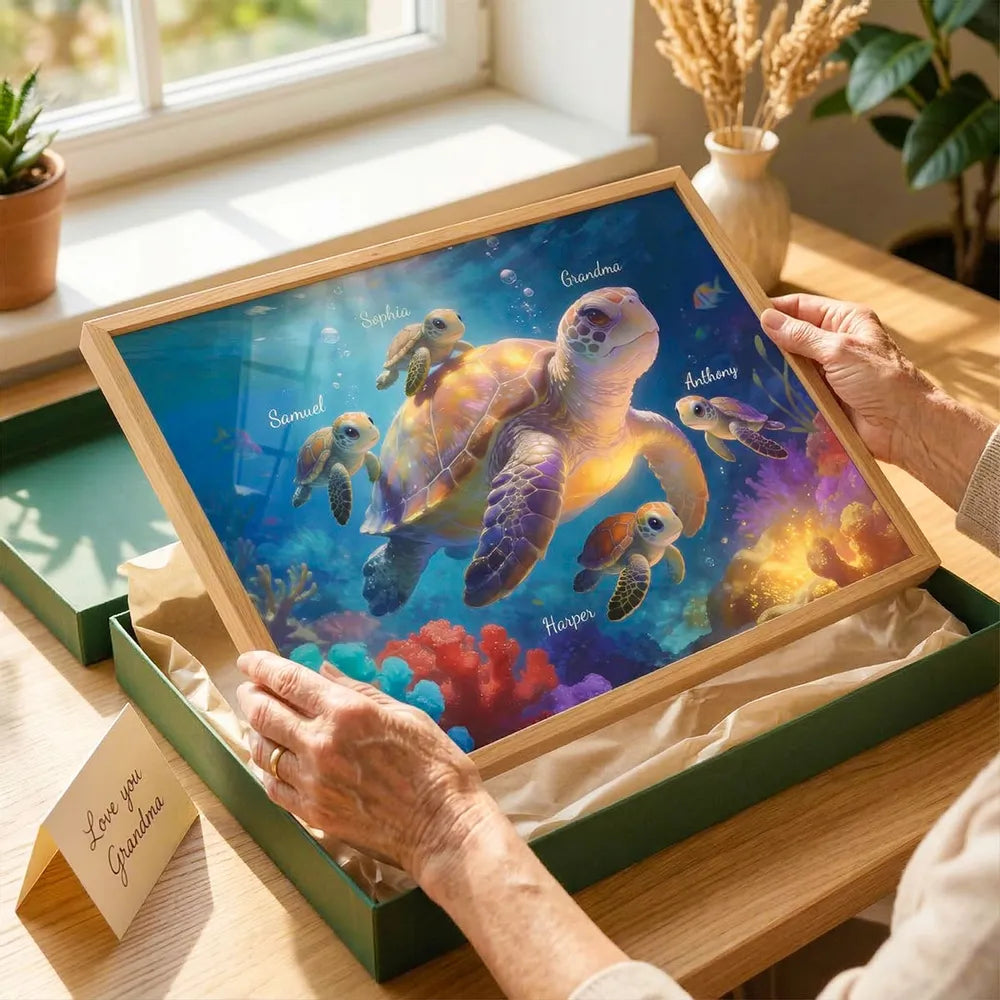 Underwater Grandma Turtle With Little Turtles Personalized Poster, Vibrant Ocean Decor, Meaningful Gift for Grandma and Family