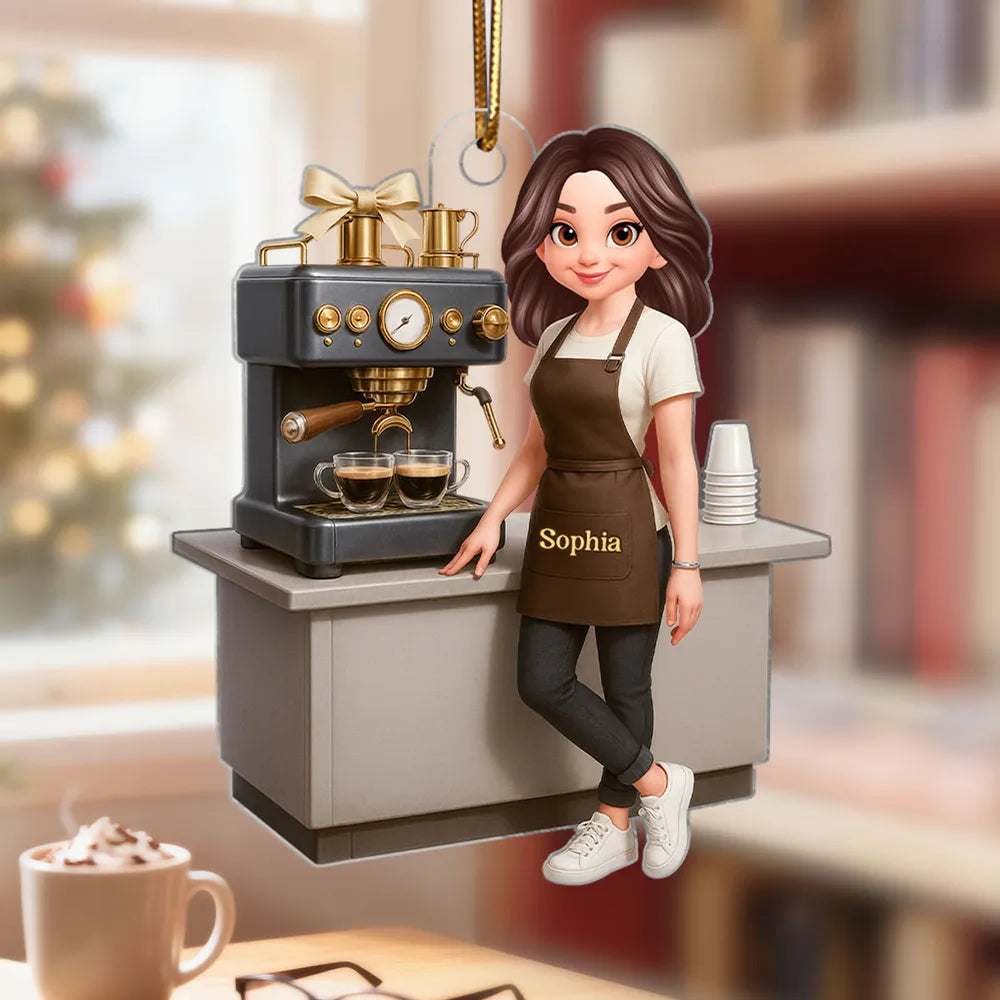 Custom Coffee Barista Acrylic Ornament With Espresso Machine Scene, Warm Holiday Decor, Creative Gift for Coffee Fans