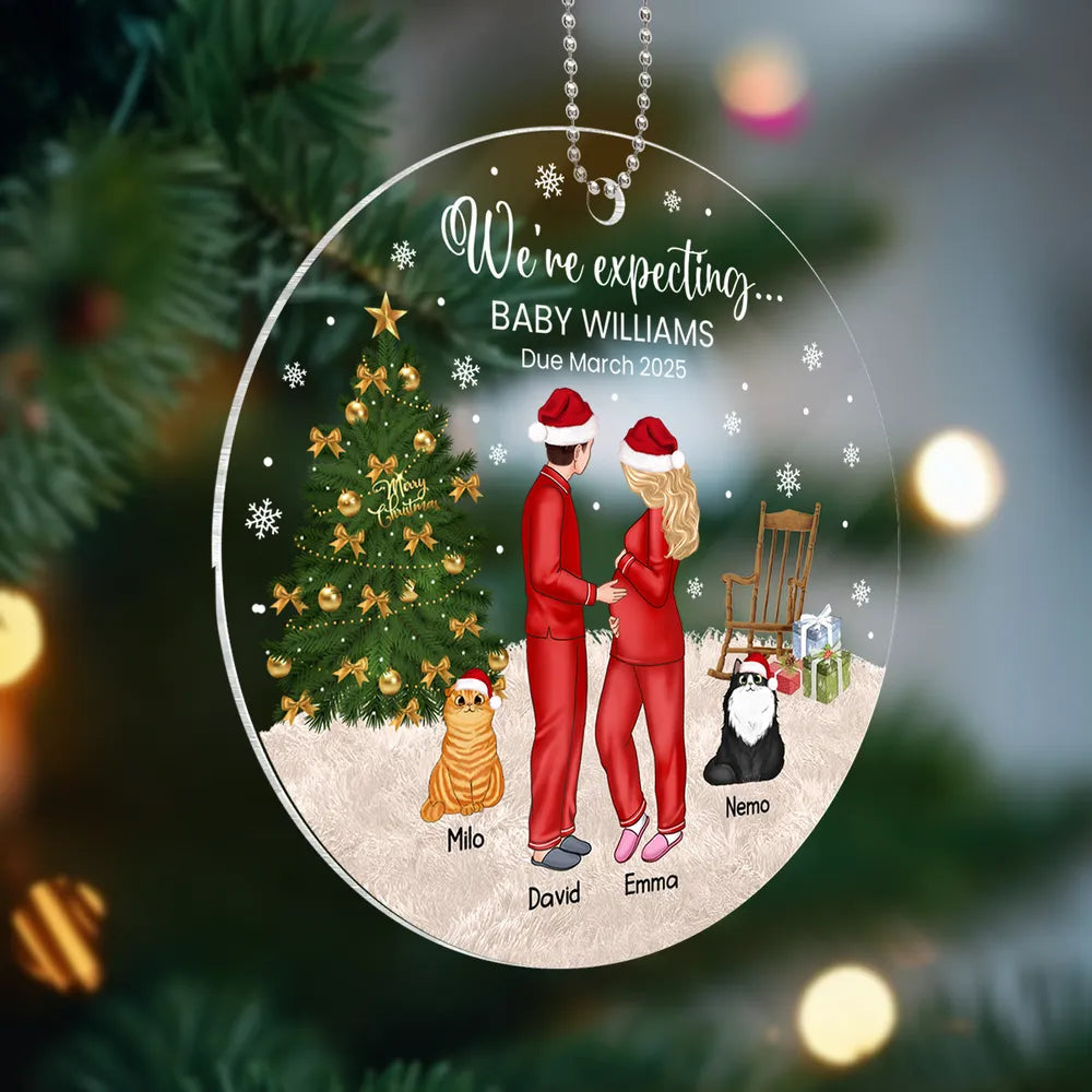 Acrylic Ornament, Expecting Couple by Christmas Tree, Cute Illustration, Unique Gift for Mom-to-Be & New Parents