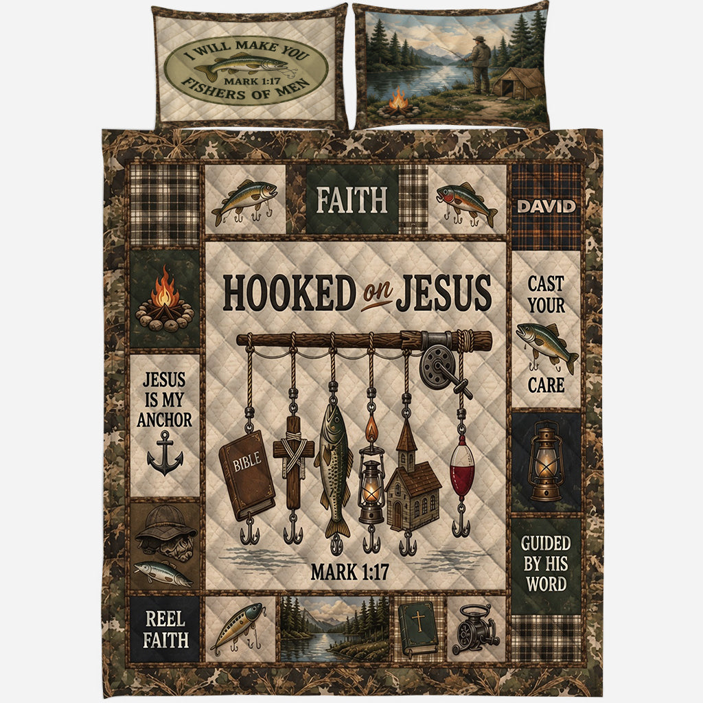 Fishing Lovers Gift, Hooked On Jesus - Personalized Fishing Quilt Set