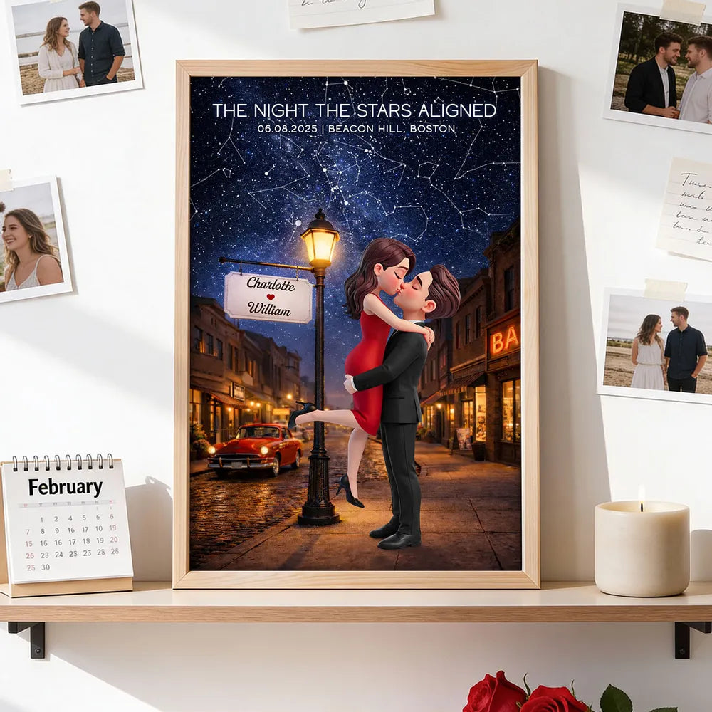 Personalized Star Map Couple Kissing Poster for Anniversary Decor, Night the Stars Aligned, Unique Gift for Couple