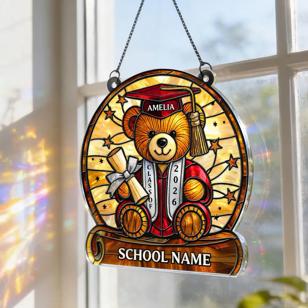 Stained Glass Style Graduation Teddy Bear Acrylic Suncatcher Ornament, Sweet Window Keepsake Gift for a Proud Grad