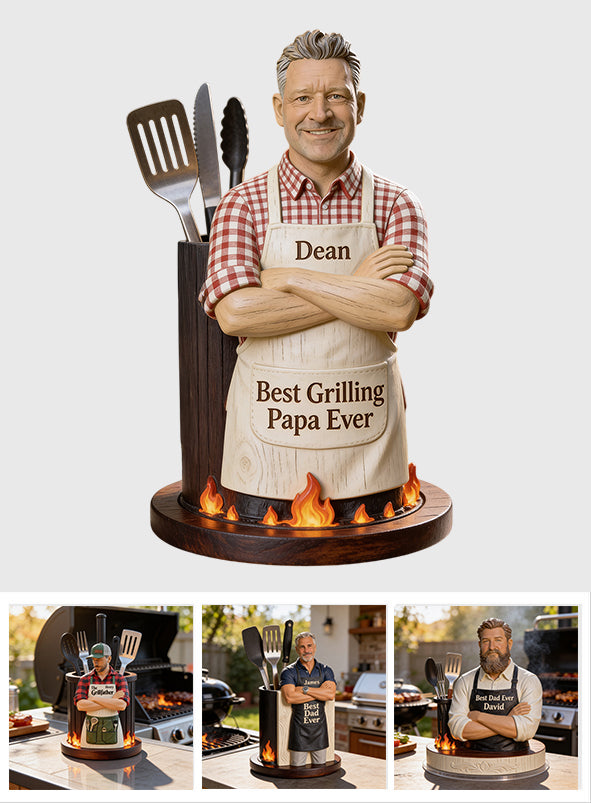 Best Dad Ever - Personalized Wooden Grilling Utensils Holder