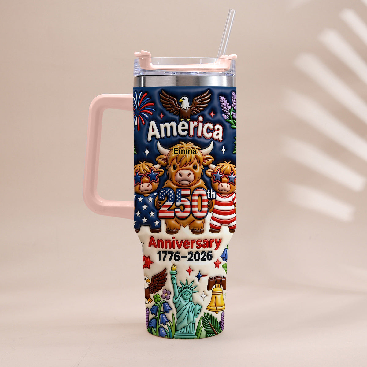 Cute Highland Cow America 250th Anniversary - Personalized Highland Cow Tumbler With Handle