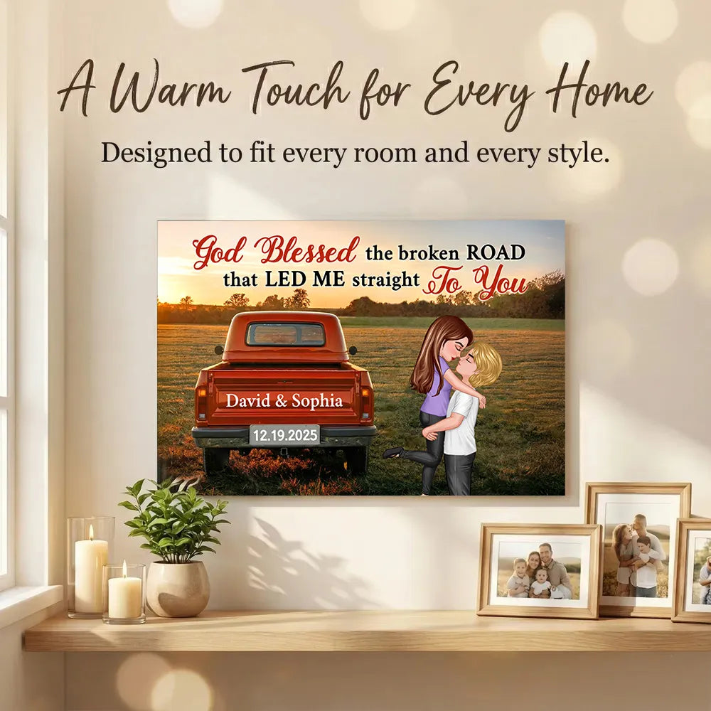 God Blessed the Broken Road Personalized Poster – Custom Hugging Couple Wall Art, Modern Home Decor and Heartfelt Gift for Him or Her