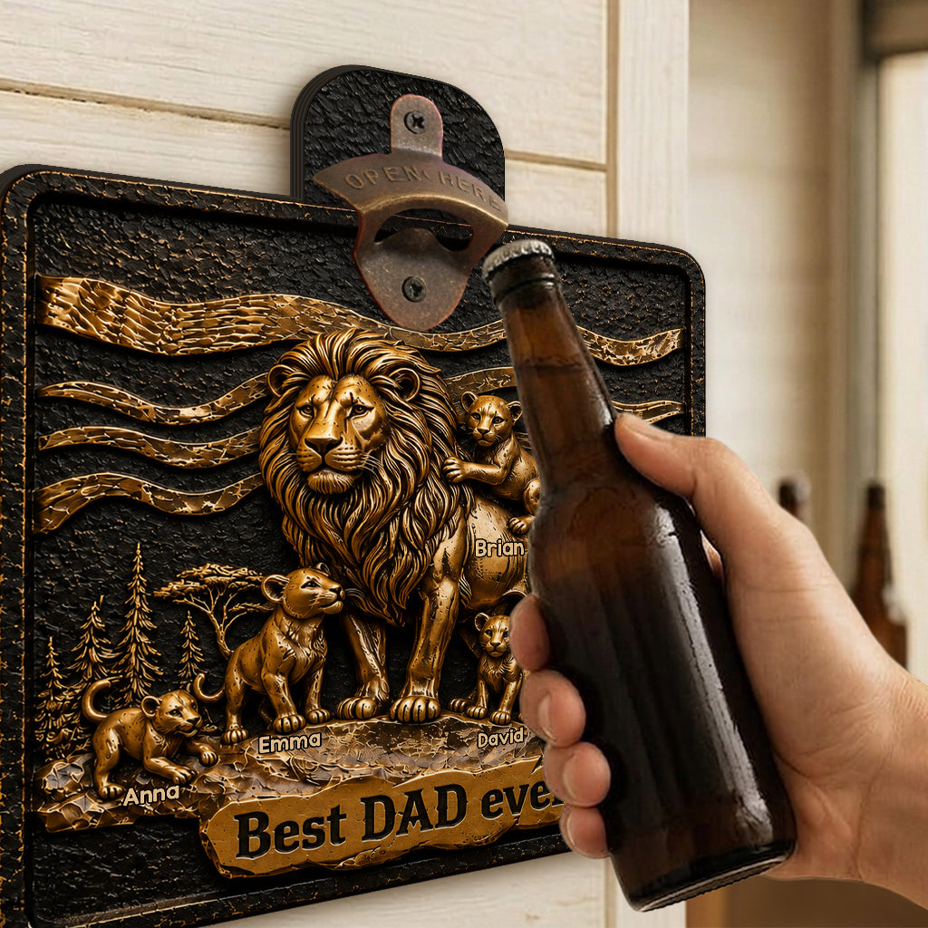 Lion Dad And Kids - Personalized Father Wall Bottle Opener