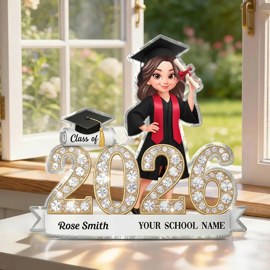 Shaped Acrylic Block Plaque Sparkly Class Of Grad Girl Holding Diploma Desk Decor - Unique Graduation Gift