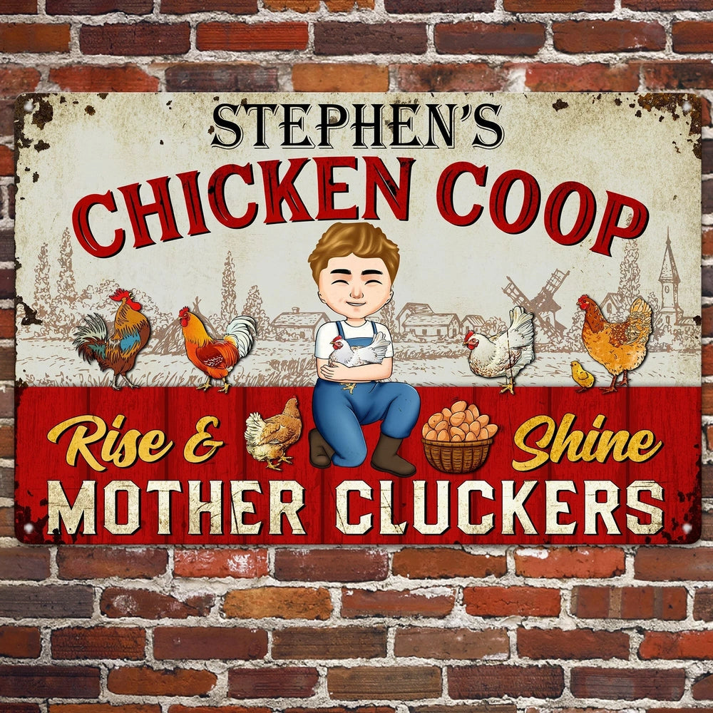 Personalized Rectangular Iron Sign Chicken Coop Farmhouse Cartoon, Rise & Shine Mother Cluckers, Unique Gift