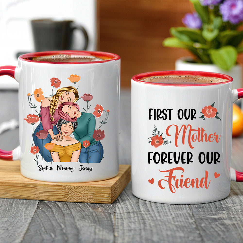 Personalized Gift for Mother or Daughter – Ceramic Mug Featuring Hugging Scene with 'First Our Mother, Forever Our Friend'