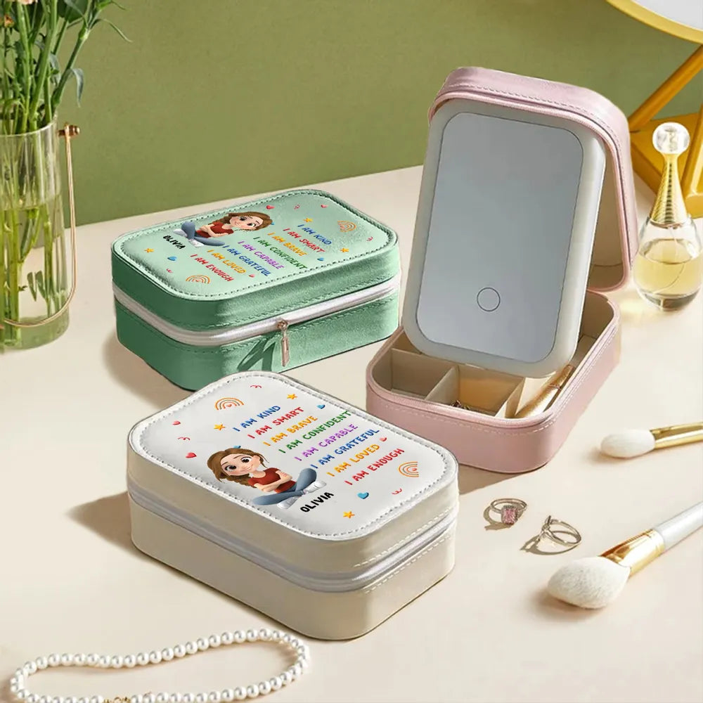 Leather LED Makeup Case Personalized with I Am Kind I Am Smart Quote, Sweet Everyday Reminder Creative Gift