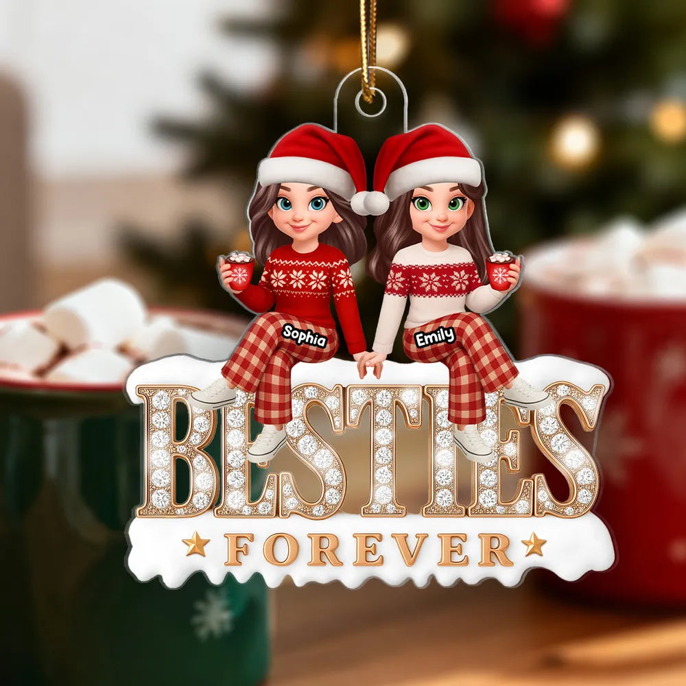 Acrylic Ornament - Besties Forever, cute cartoon friends in Santa hats holding hands, cozy tree decor, unique gift for best friend